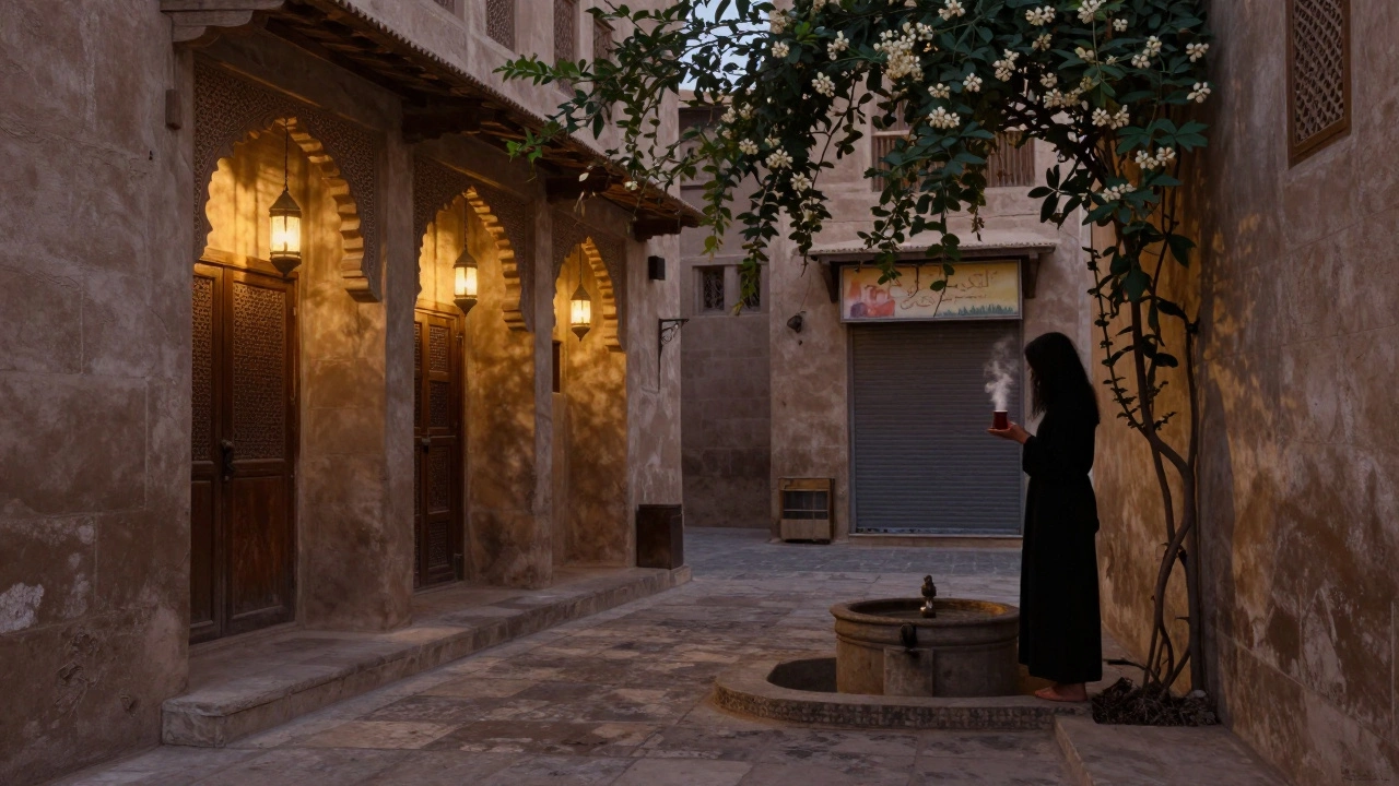 A quiet courtyard in Al Fahidi with lanterns and jasmine vines, a woman holding tea in the dusk.