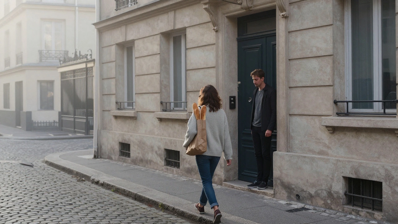 A woman walks away from an apartment at sunrise, holding bread, as a man watches silently from the doorway.
